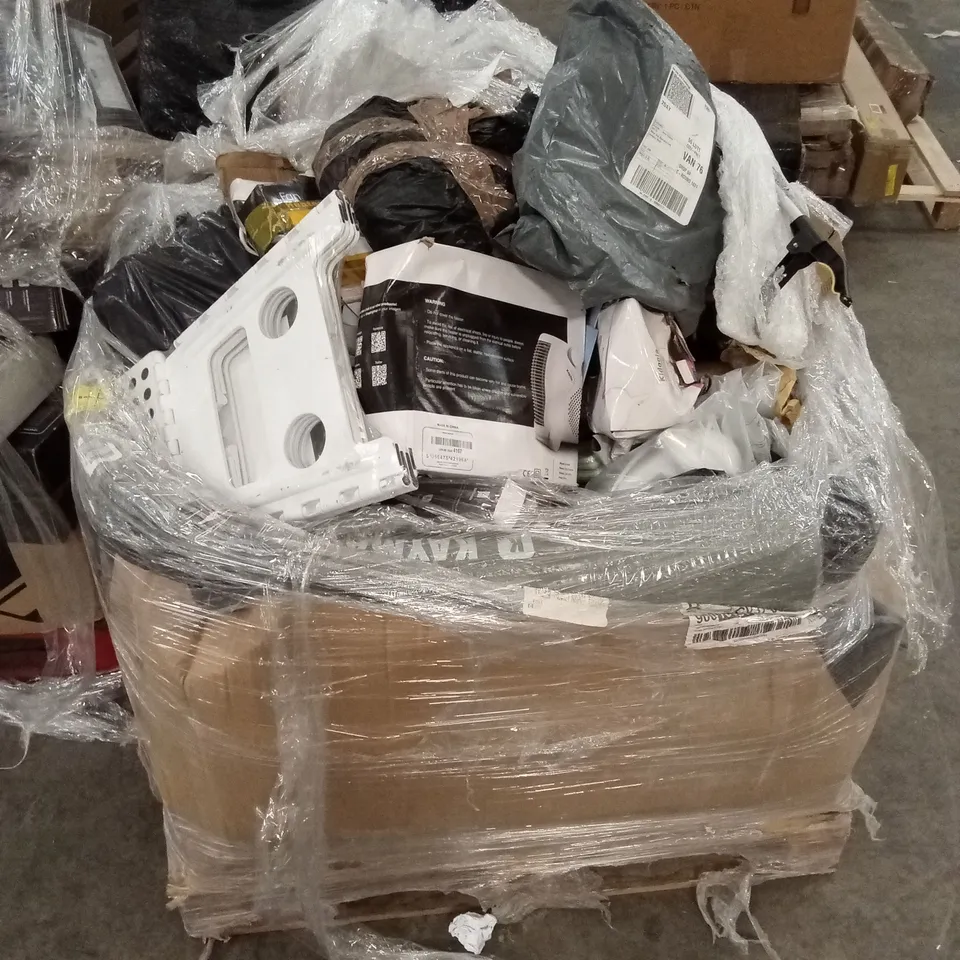 PALLET OF ASSORTED HOUSEHOLD GOODS AND PRODUCTS TO INCLUDE; HEATER, KIDS HELMET AND SAFETY PAD, LITTER PICKERS ETC