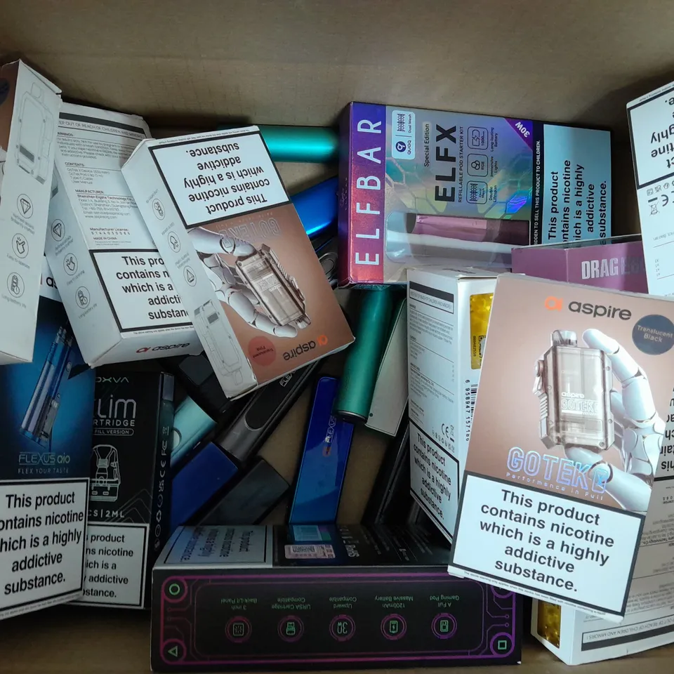 BOX OF APPROXIMATELY 10 ASSORTED E-CIGARETTE/VAPING PRODUCTS - MAKES, MODELS, COLOURS, AND STYLES VARY - COLLECTION ONLY