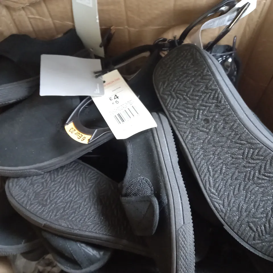 BOX OF APPROX 20 F&F BLACK PUMPS IN VARIOUS SIZES & STYLES
