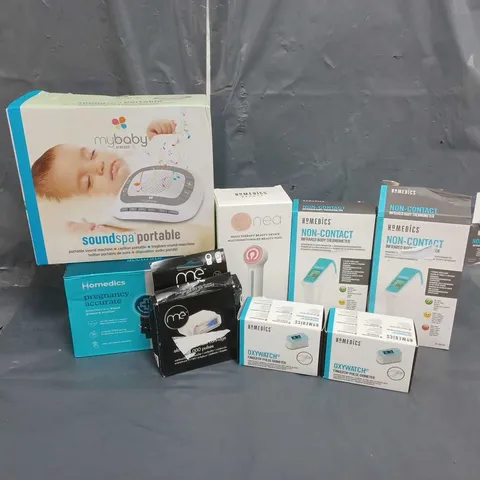 APPROXIMATELY 8 BOXED HOMEDICS PRODUCTS TO INCLUDE MULTI THERAPY BEAUTY DEVICE, INFRARED BODY THERMOMETER, MYBABY PORTABLE SOUND SPA, BLOOD PRESSURE MONITOR, OXIMETER