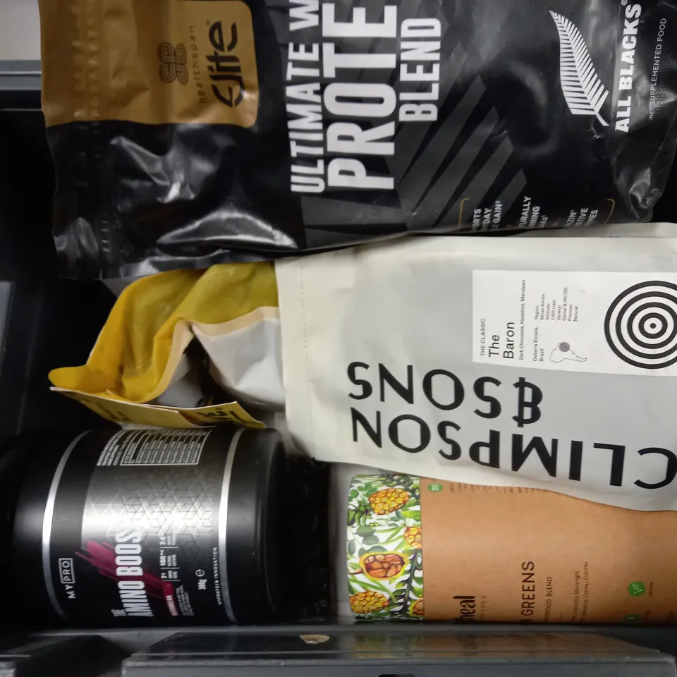LOT OF APPROXIMATELY 8 PACKS OF COFFEE BEANS AND SUPPLEMENTS TO INCLUDE CLIMPSONS & SONS THE BARON COFFEE, HEALTHSPAN ULTIMATE WHEY PROTEIN BLEND CHOCOLATE FLAVOUR, PRO THE AMINO BOOST WATERMELON SUPP