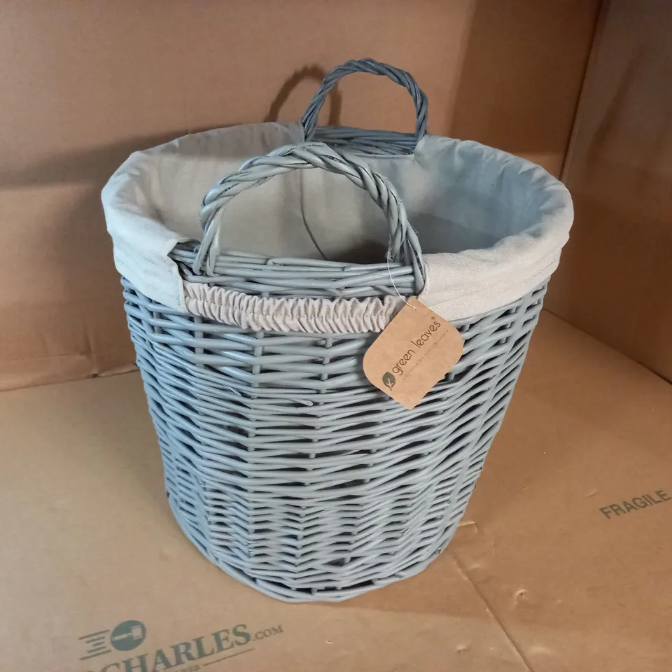 GREEN LEAVES WICKER FABRIC LINED GREY HAMPER 