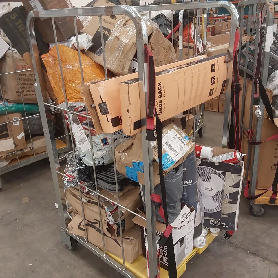 CAGE OF ASSORTED CONSUMER PRODUCTS/FURNITURE PARTS INCLUDING: SHOE RACKS, YOGA MAT, AIR PURIFIER ECT // CAGE NOT INCLUDED 