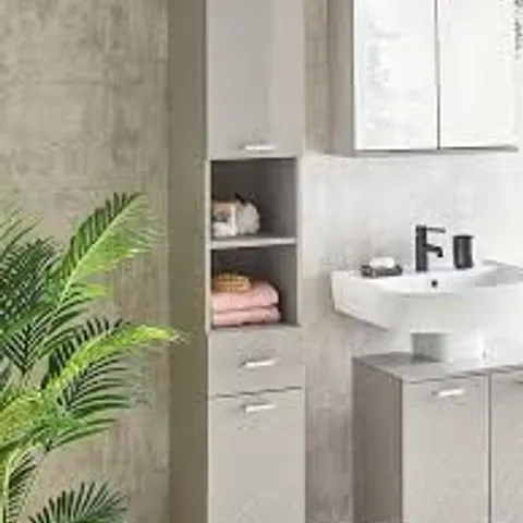 BOXED ROWAN GLOSS 2 DOOR, 1 DRAWER TALL BATHROOM CABINET - GREY (1 BOX)