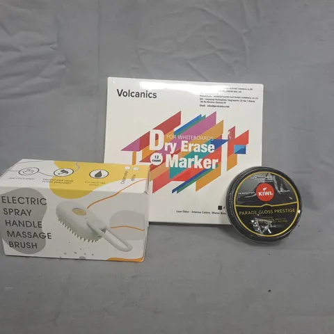 APPROXIMATELY 10 ASSORTED HOUSEHOLD ITEMS TO INCLUDE DRY ERASE MARKER, ELECTRIC SPRAY HANDLE MASSAGE BRUSH, ETC