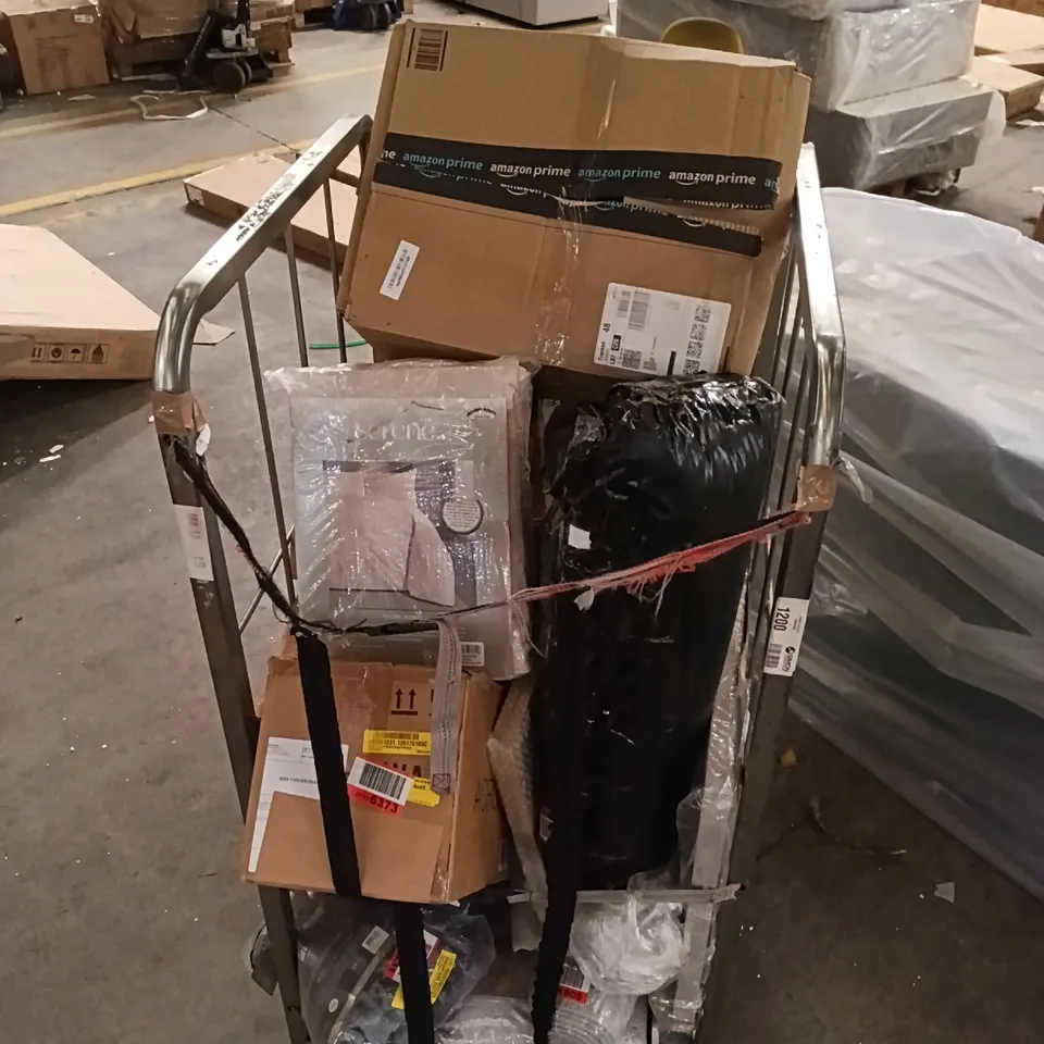 CAGE OF ASSORTED HOUSEHOLD GOODS AND PRODUCTS, TO INCLUDE CURTAIN SETS , BEDDING SETS AND PRINTED CANVAS ART - CAGE NOT INCLUDED 