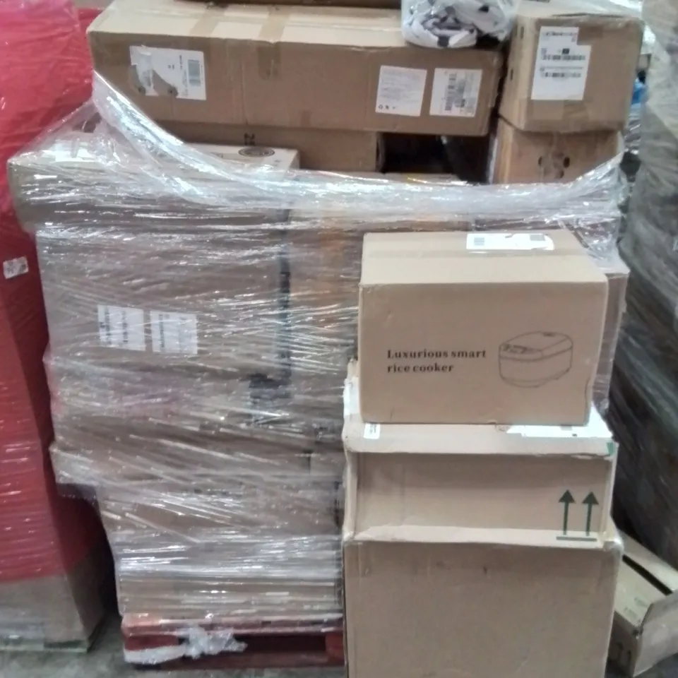 PALLET CONTAINING VARIOUS ASSORTED BOXED ITEMS TO INCLUDE, TOWER FAN, RICE COOKER, SHOE RACK, BUFFET SERVER, PET STROLLER AND LOTS MORE UNMARKED BOXED ITEMS 