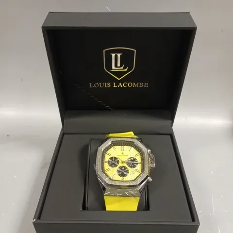 MENS LOUIS LACOMBE CHRONGRAPH WATCH – 3 SUB DIALS – SILVER COLOUR CASE – YELLOW RUBBER STRAP
