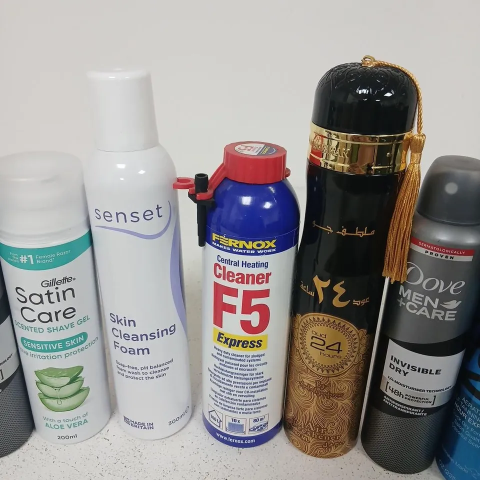 APPROXIMATELY 18 ASSORTED AEROSOL SPRAYS TO INCLUDE; ASSORTED HEALTH & BEAUTY AND HOUSEHOLD ITEMS – DEODORANTS, SHAVING GEL, SKIN CARE & CLEANERS