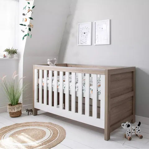 BOXED TUTTI BAMBINI MODENA COT BED IN WHITE AND OAK FINISH - 2 BOXES