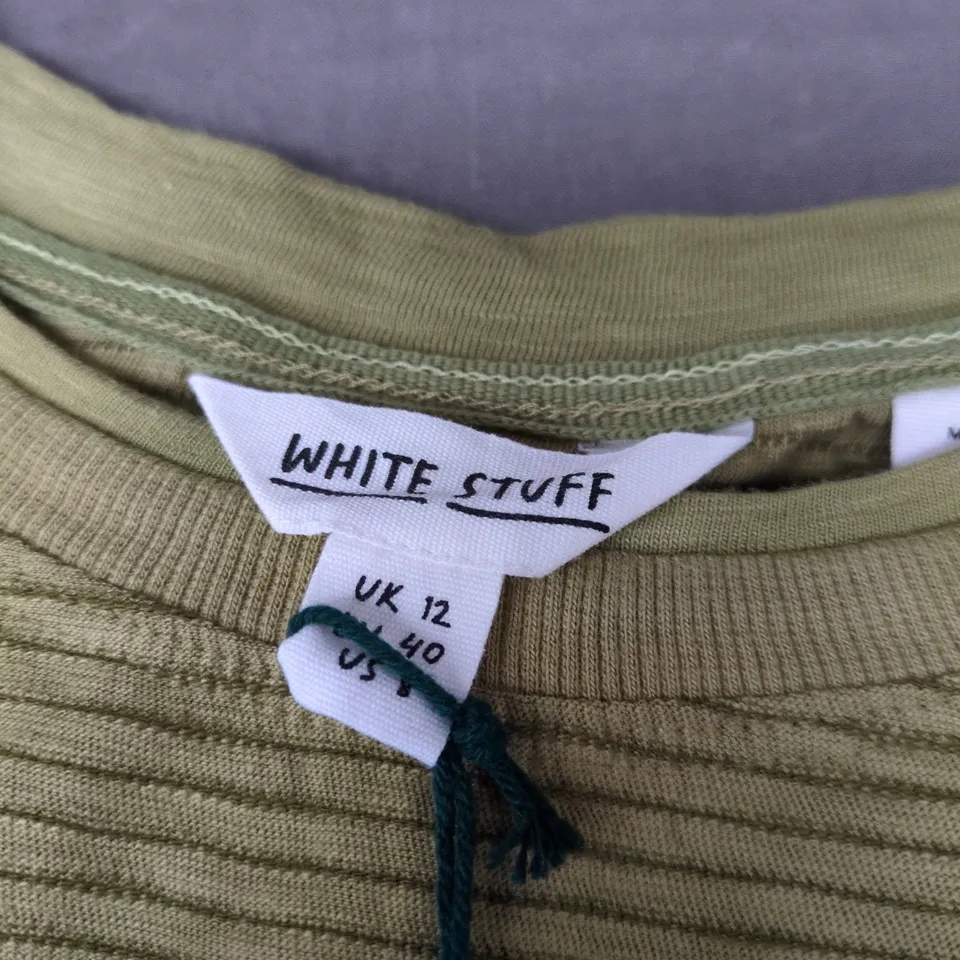 WHITE STUFF OLIVE GREEN RIBBED KNIT TOP, UK 12 (EU 40)