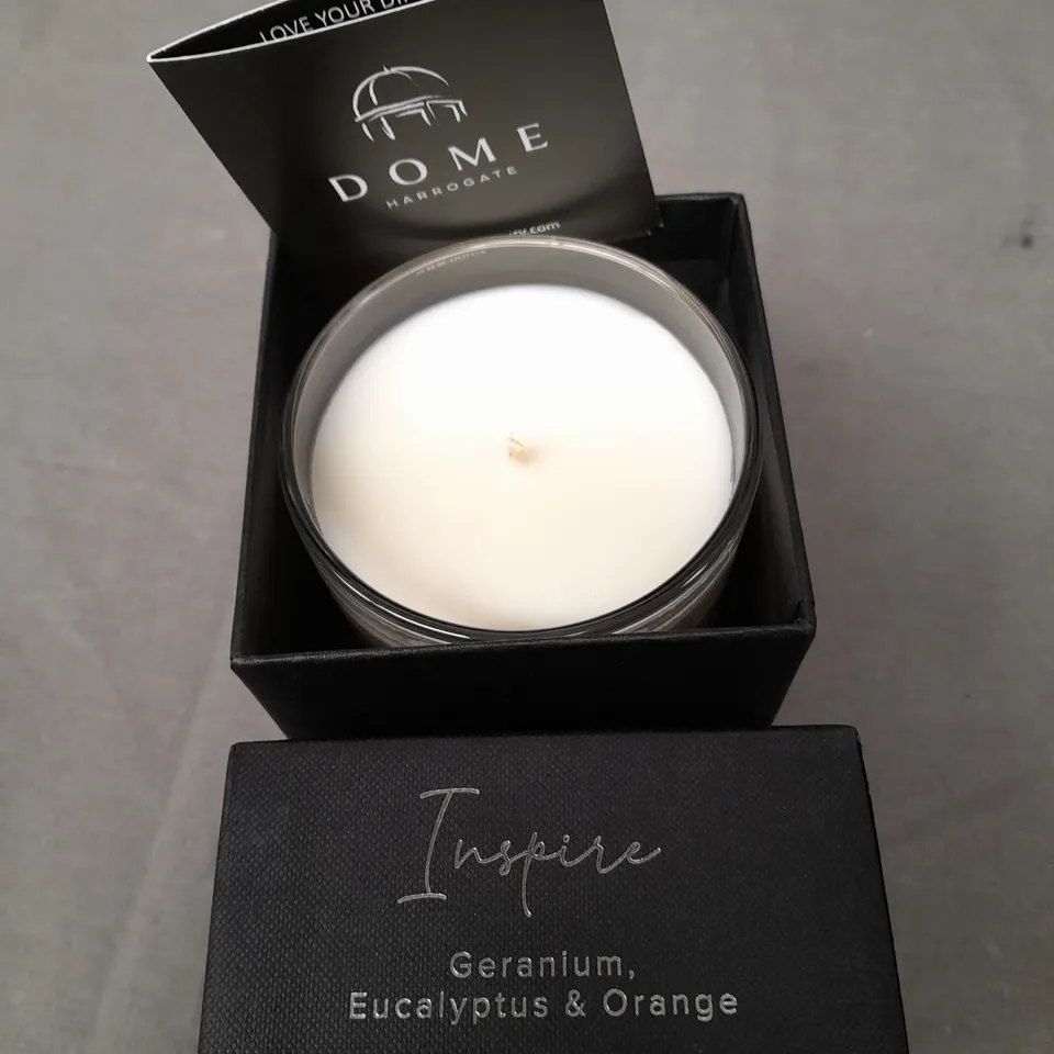 BOXED DOME HARROGATE GERANIUM EUCALYPTUS AND ORANGE SCENTED CANDLE