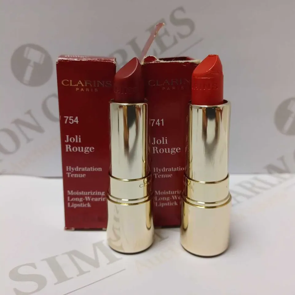 LOT OF 2 CLARINS JOLI ROUGE LIPSTICKS - #754 DEEP RED & 741 RED ORANGE 