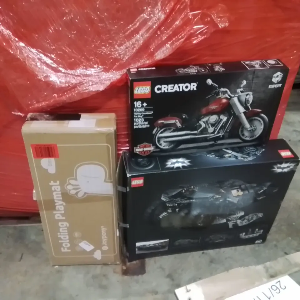 PALLET OF ASSORTED HOUSEHOLD GOODS AND PRODUCTS TO INCLUDE;FOLDING PLAYMAT,LEGO BATMAN CAR,LEGO CREATOR BIKE