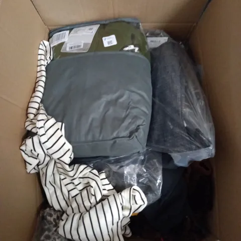 BOX OF ASSORTED CLOTHING ITEMS TOO INCLUDE DRESSES , SHIRTS AND TROUSERS IN VARIOUS SIZES AND COLOURS