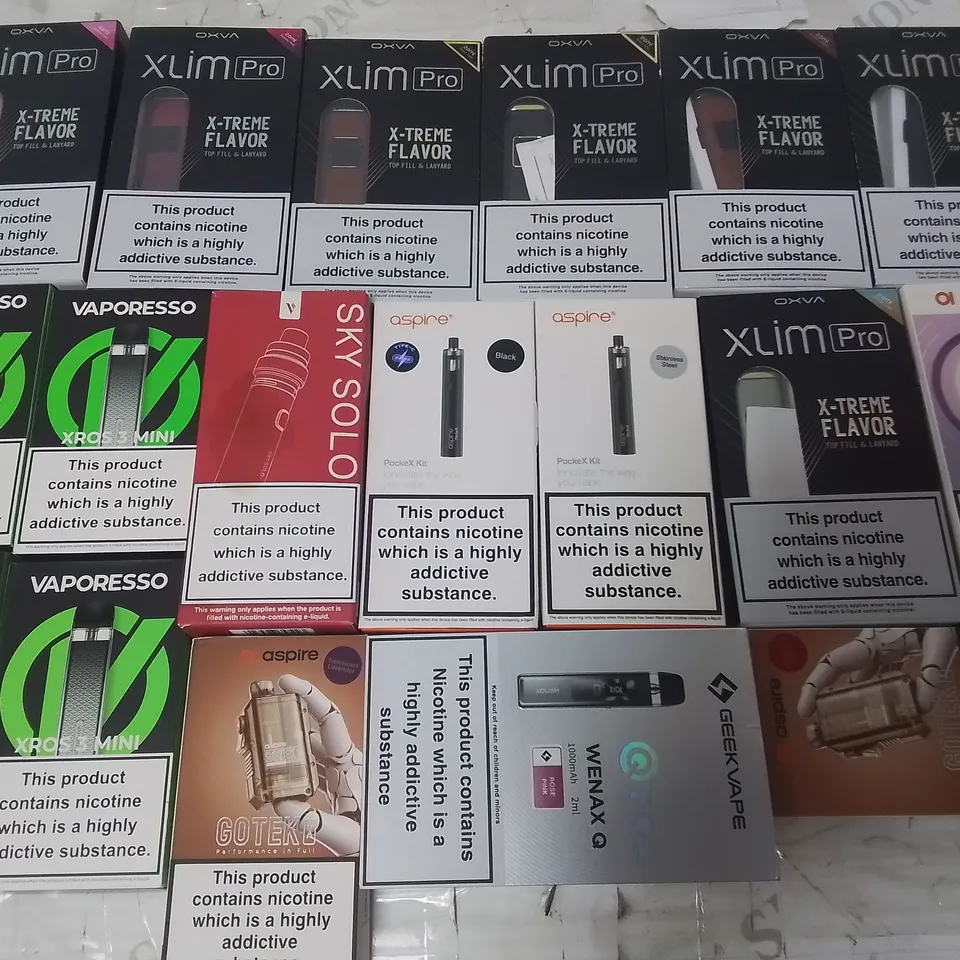LOT OF ASSORTED E-CIGS AND PARTS TO INCLUDE VAPORESSO, OXVA AND ASPIRE