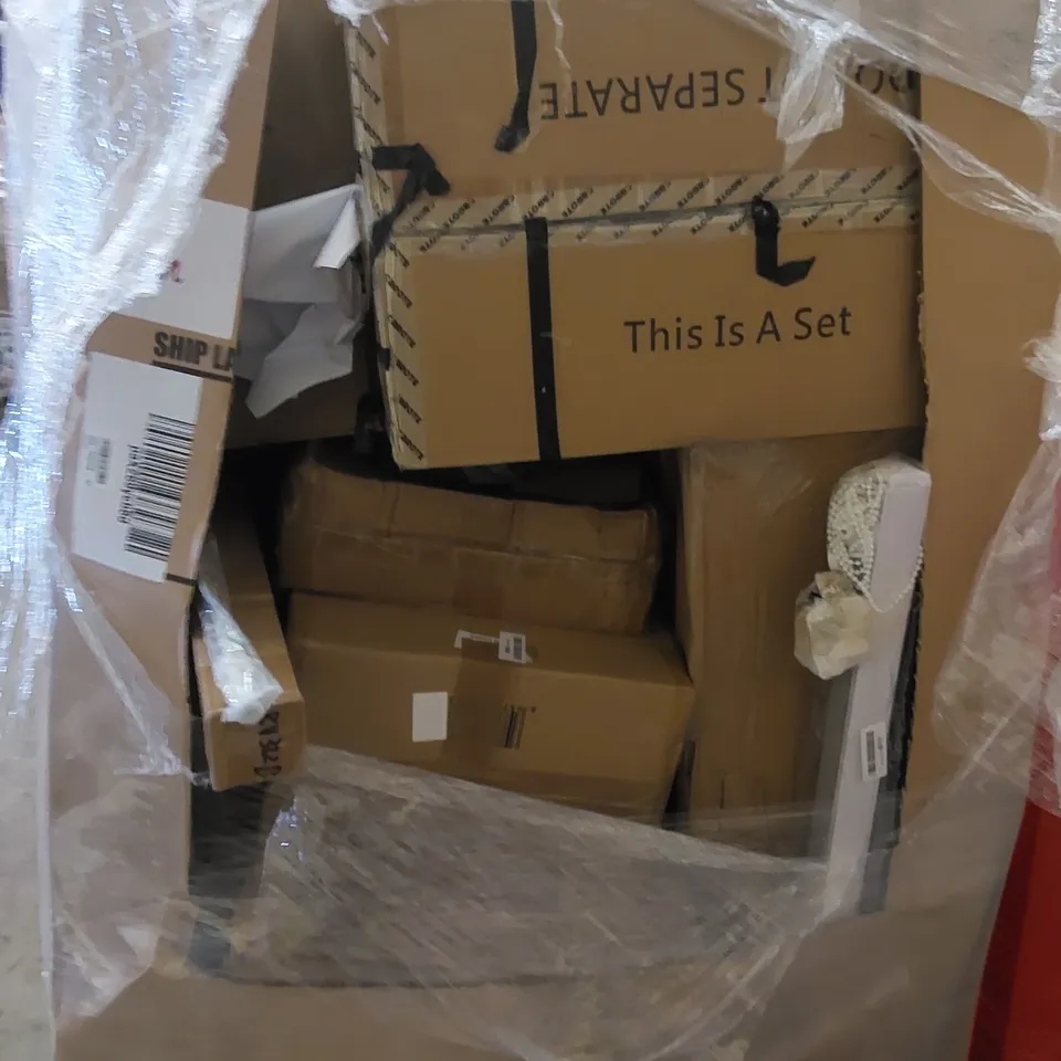 PALLET CONTAINING ASSORTED HOUSEHOLD PRODUCTS. INCLUDES HAPPY BIRTHDAY NEON SIGN, WALL ART, BOXED FURNITURE ETC