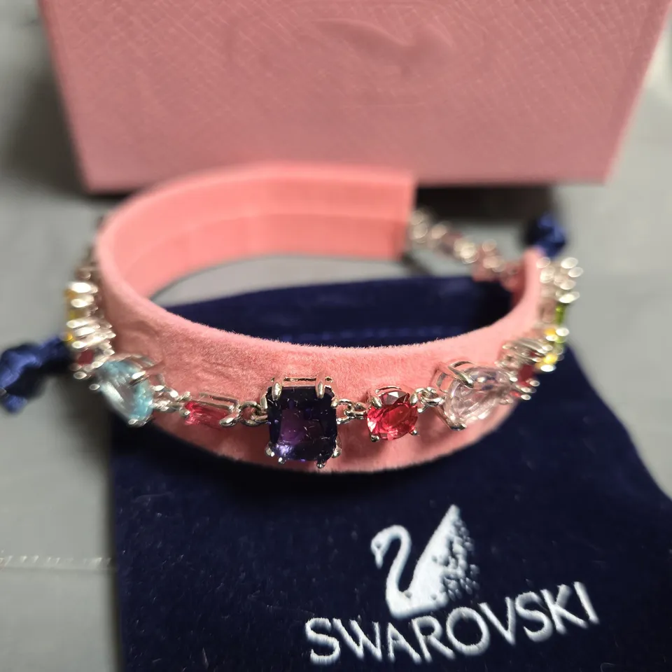 SWAROVSKI CRYSTAL BRACELET ON PINK VELVET STRAP – WITH BOX & POUCH
