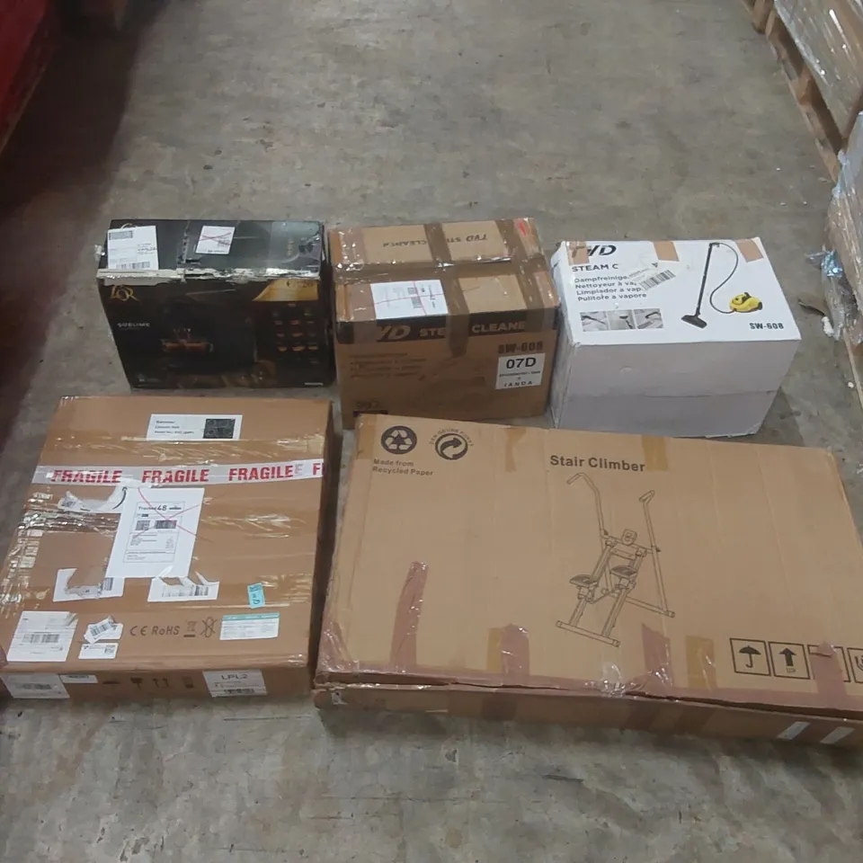 PALLET CONTAINING ASSORTED ITEMS TO INCLUDE: STAIR CLIMBER, L'OR BARISTA COFFEE MACHINE, STEAM CLEANERS, CERAMIC HOB ECT