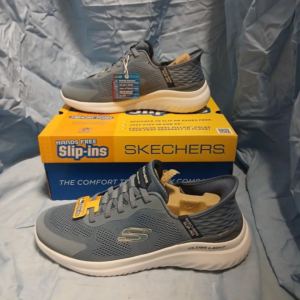 SKECHERS SLIP-INS MEMORY FOAM TRAINERS – MEN'S GREY/BLUE, UK 10 (EU 45) – BOXED