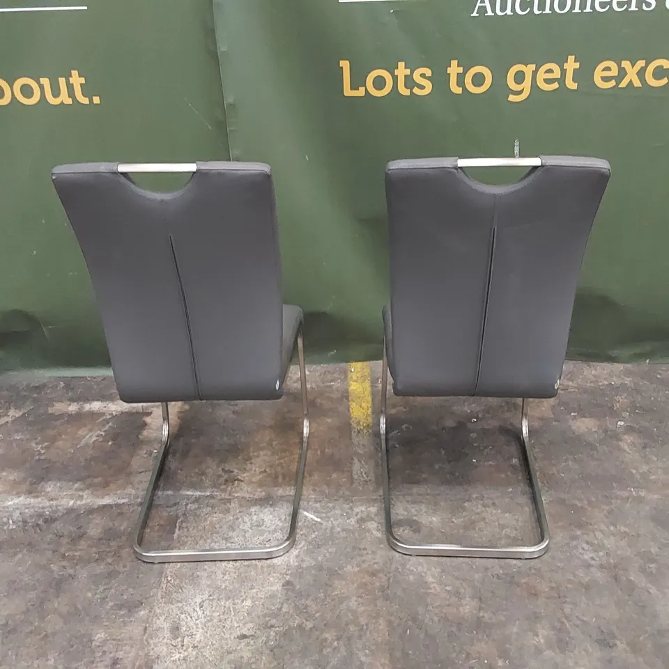 SET OF 2 DESIGNER CHARCOAL GREY LEATHER DINING CHAIRCWITH METAL LEGS 