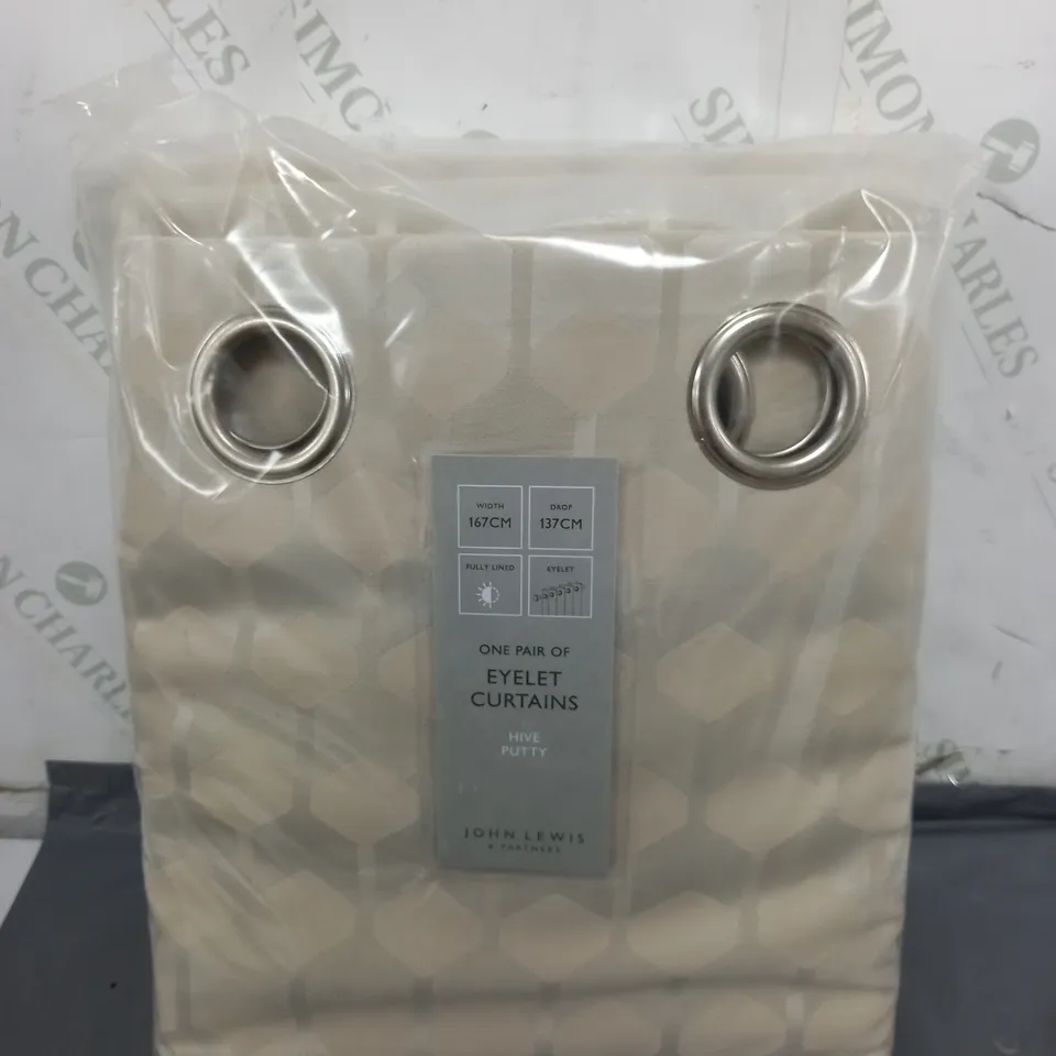 JOHN LEWIS ONE PAIR OF EYELET CURTAINS HIVE PUTTY 167CM BY 137CM 
