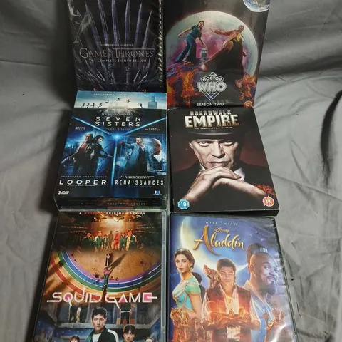 APPROX 10 ASSORTED DVDS TO INCLUDE  GAME OF THRONES S8, DOCTOR WHO S2, BOARDWALK EMPIRE, LOOPER, SEVEN SISTERS, SQUID GAME, ALADDIN