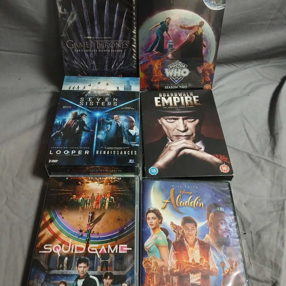 APPROX 10 ASSORTED DVDS TO INCLUDE  GAME OF THRONES S8, DOCTOR WHO S2, BOARDWALK EMPIRE, LOOPER, SEVEN SISTERS, SQUID GAME, ALADDIN