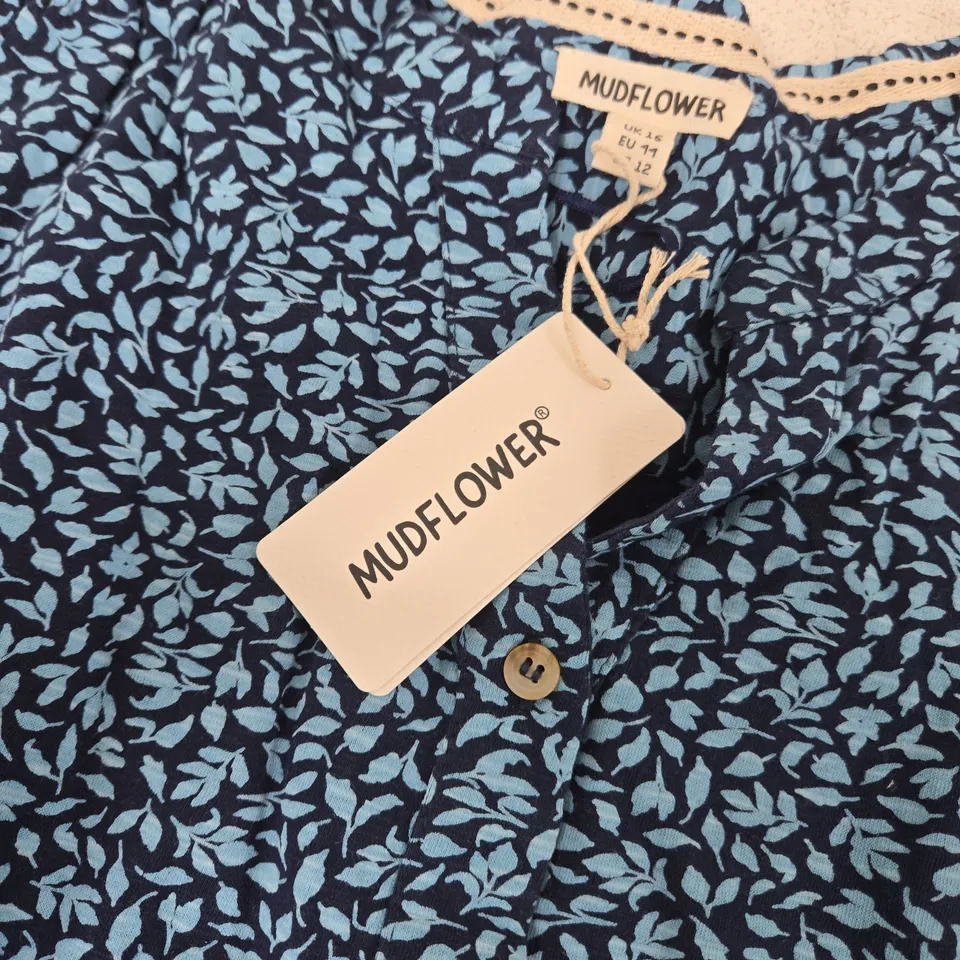 MUDFLOWER WOMEN’S BLUE FLORAL BUTTON-FRONT SHIRT – UK 16 (EU 44, US 12)