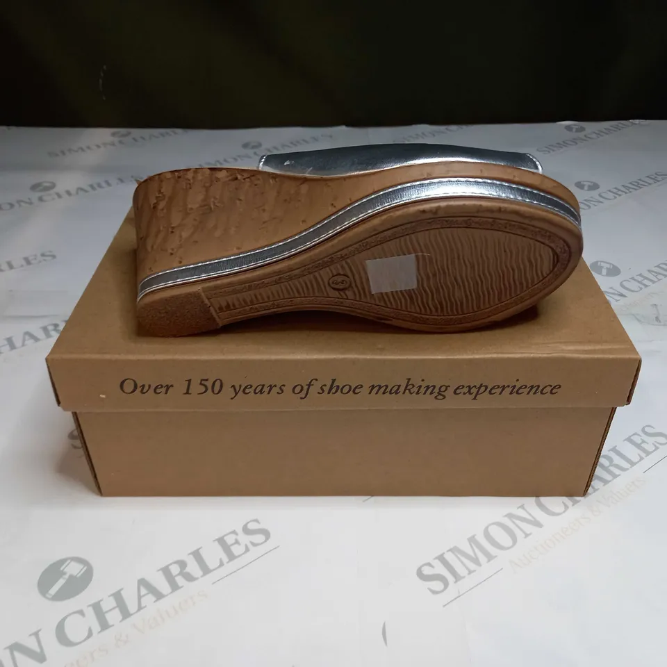 BOXED PAIR OF CUSHION WALK SILVER WEDGE HEELED SHOES - SIZE 3