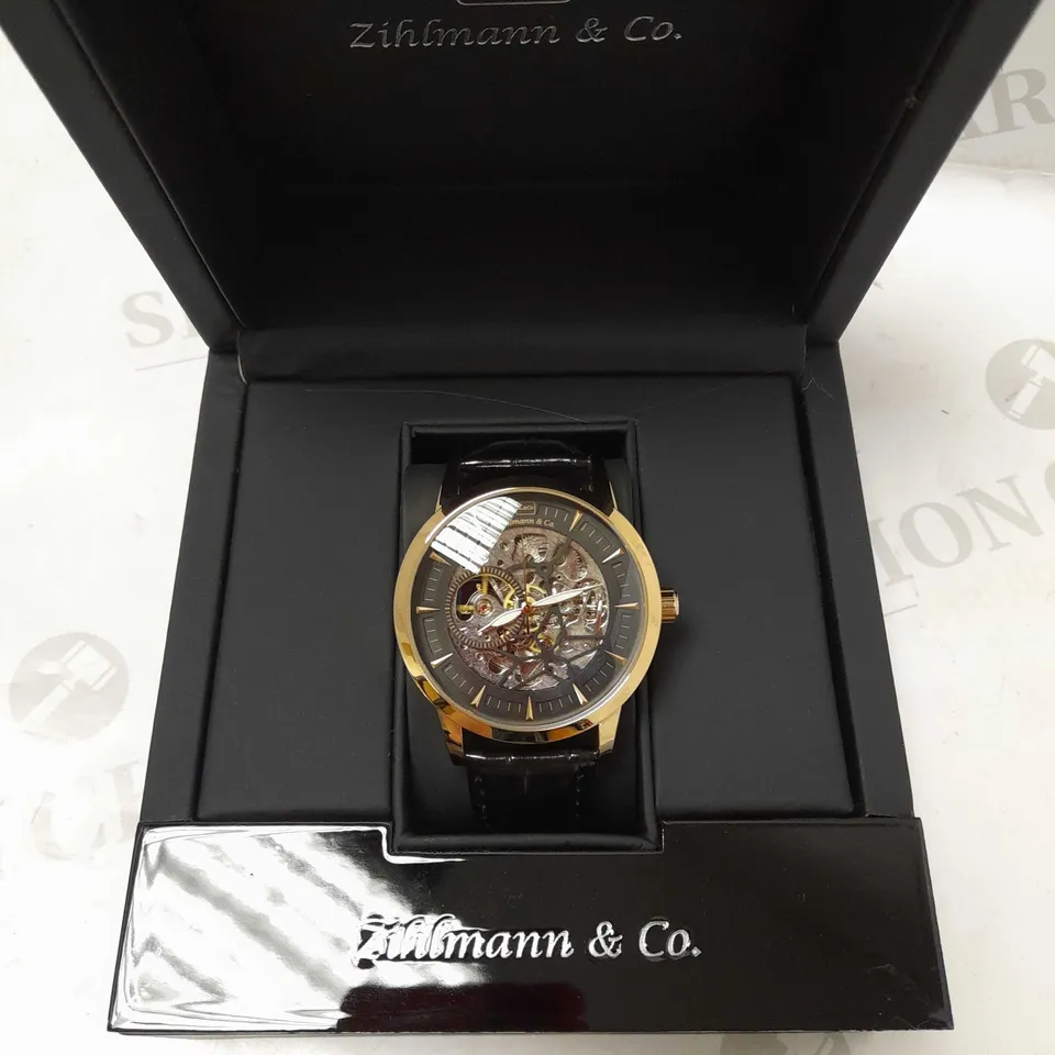 ZIHLMANN & CO ROSE GOLD EFFECT BLACK LEATHER STRAP WRISTWATCH