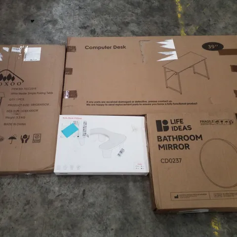 PALLET CONTAINING ASSORTED PRODUCTS INCLUDING WHITE MARBLE SIMPLE FOLDING TABLE, COMPUTER DESK, ARM REST PILLOW & BATHROOM MIRROR