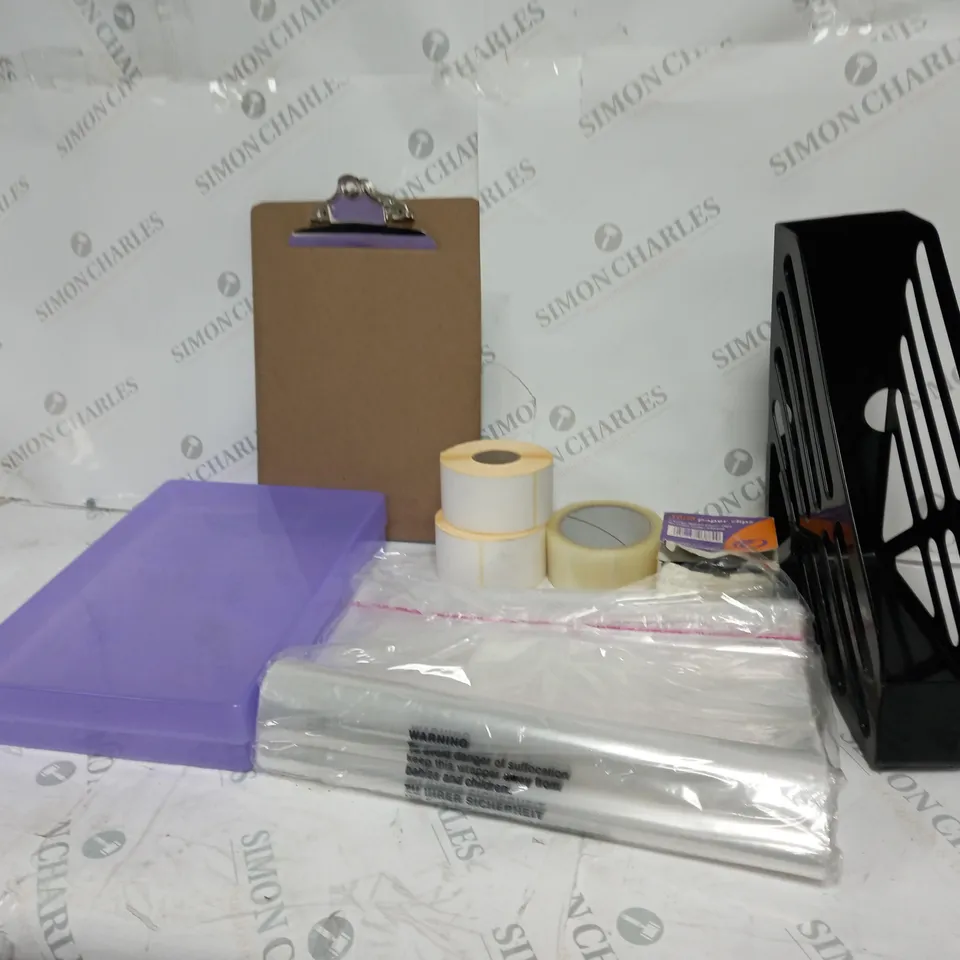 LARGE BOX OF ASSORTED OFFICE EQUIPMENT TOO INCLUDE STORAGE CONTAINERS , PAPER CLIPS, ETC