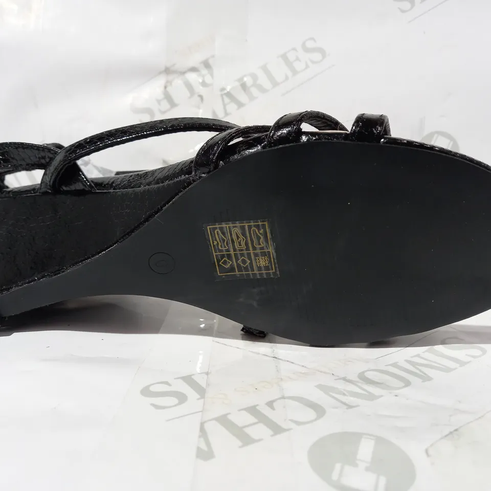BOXED PAIR OF GOOD FOR THE SOLE HEELED ANKLE STRAP WEDGES IN BLACK UK SIZE 6