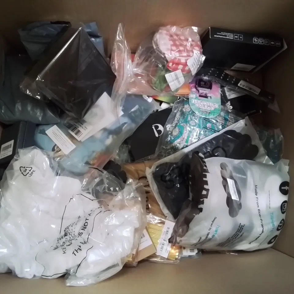 BOX CONTAINING LARGE AMOUNT OF MIXED FASHION ITEMS, SILVER PLATE AND COSTUME JEWELLERY, CLOTHING ITEMS ETC.