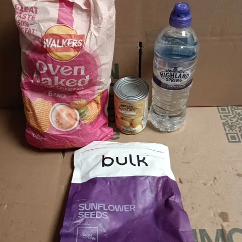 APPROXIMATELY 6 ASSORTED FOOD/DRINK PRODUCTS TO INCLUDE WALKERS CRISPS, HIGHLAND SPRING, PEELED POTATOES ETC 