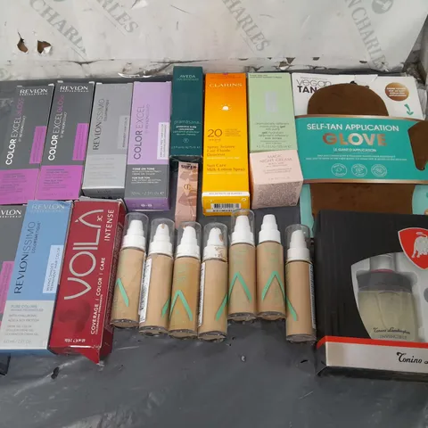 BOX OF APPROXIMATELY 15 COSMETIC PRODUCTS TO INCLUDE CHARLOTTE TILBURY MAGIC NIGHT CREAM, ALMAY MAKE UP, AND REVLON COLOR EXCEL ETC.