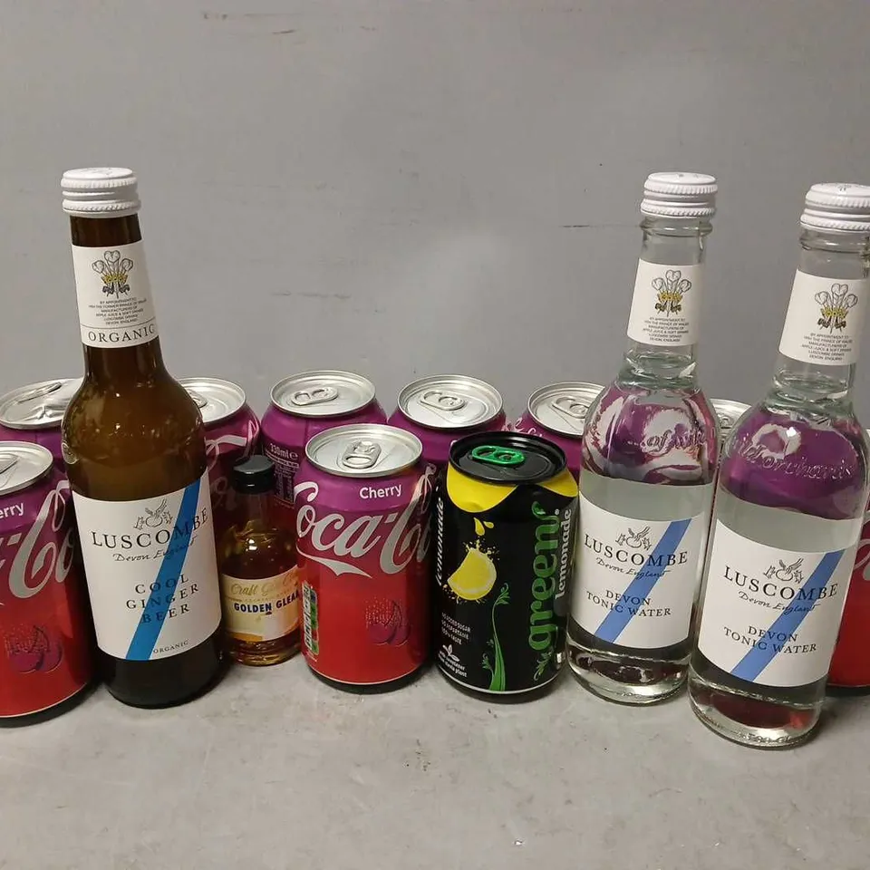 APPROXIMATELY 14 ASSORTED DRINKS TO INCLUDE LUSCOMBE TONIC WATER (32cl), COCACOLA CHERRY (330ml), COCKTAIL SYRUP (50ml), ETC - COLLECTION ONLY