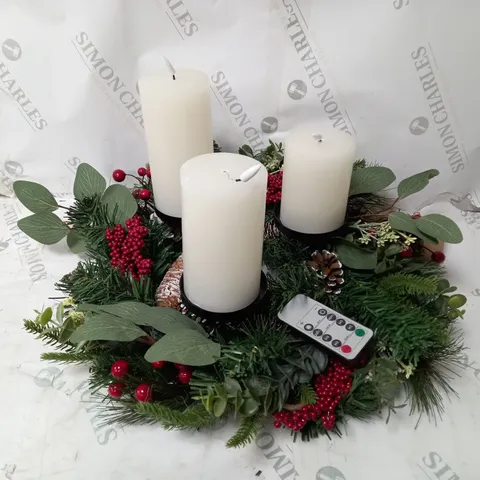 BOXED HOME REFLECTIONS 3 IN 1 FLAMELESS CANDLE WITH WREATH SET RED BERRY