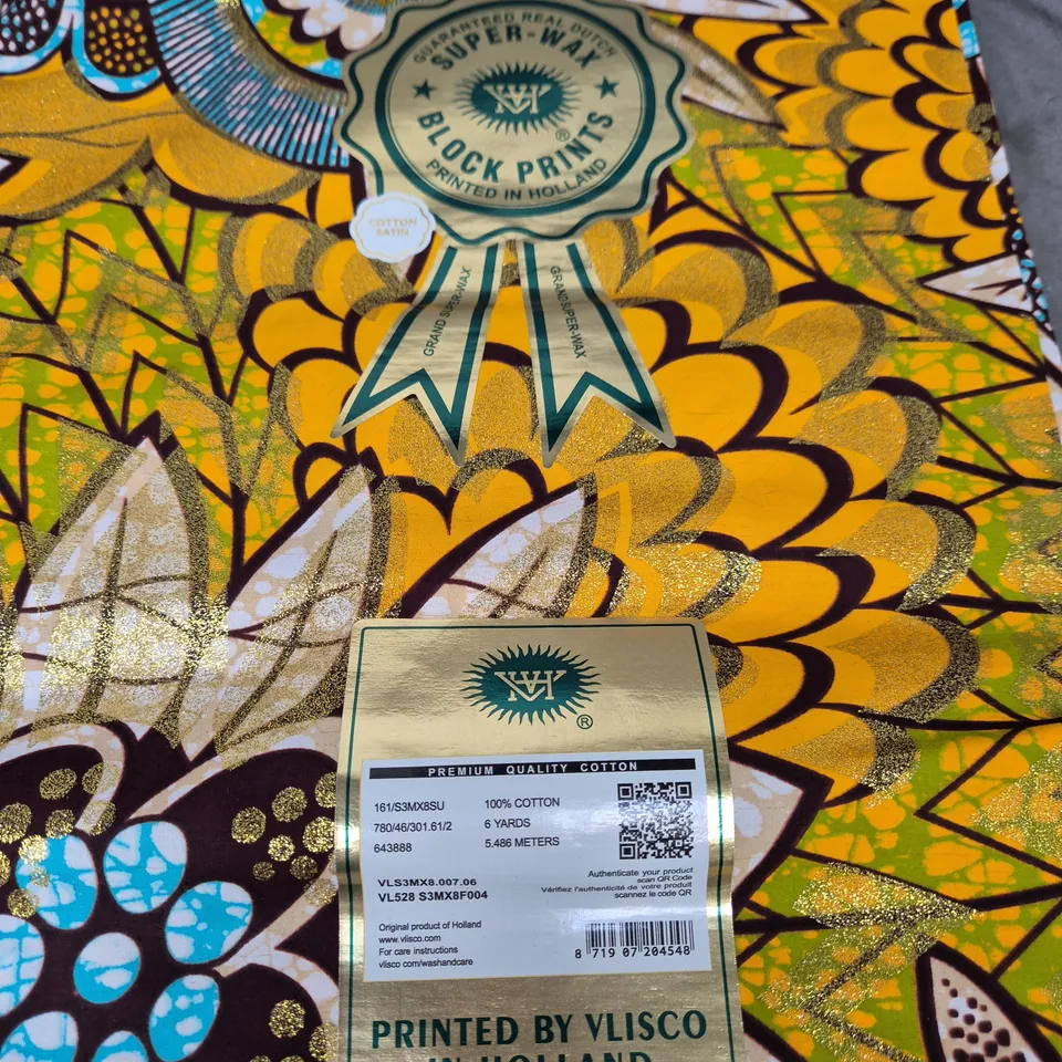 VLISCO GRAND-SUPER WAX COTTON FABRIC IN GOLD EMBELLISHED SHINE – PRINTED IN HOLLAND, 6 YARDS
