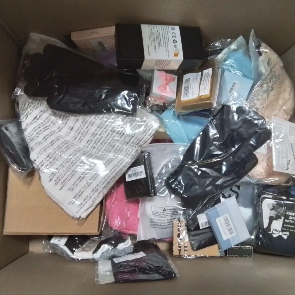 BOX CONTAINING LARGE AMOUNT OF MIXED FASHION ITEMS, SILVER PLATE AND COSTUME JEWELLERY, CLOTHING ITEMS ETC.