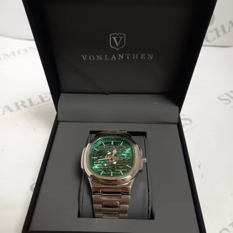 MENS VONLANTHEN AUTOMATIC WATCH – SKELETON DIAL – STAINLESS STEEL STRAP – GLASS EXHIBITION BACK CASE. 