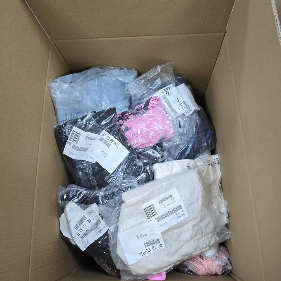BOX OF APPROXIMATELY 25 ASSORTED CLOTHING ITEMS OF VARIOUS SIZES AND STYLES