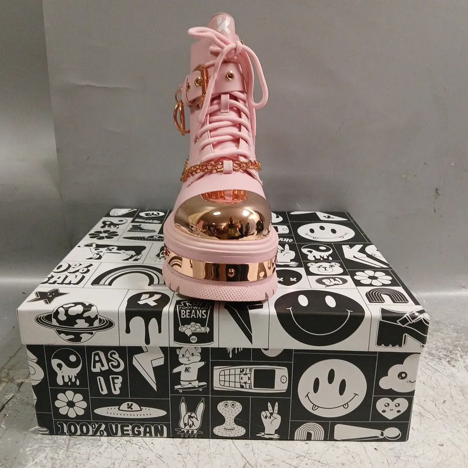 BOXED PAIR OF KOI ROSE GOLD BORIN HARDWARE PLATFORM BOOTS IN PINK/ROSE GOLD SIZE UK 4