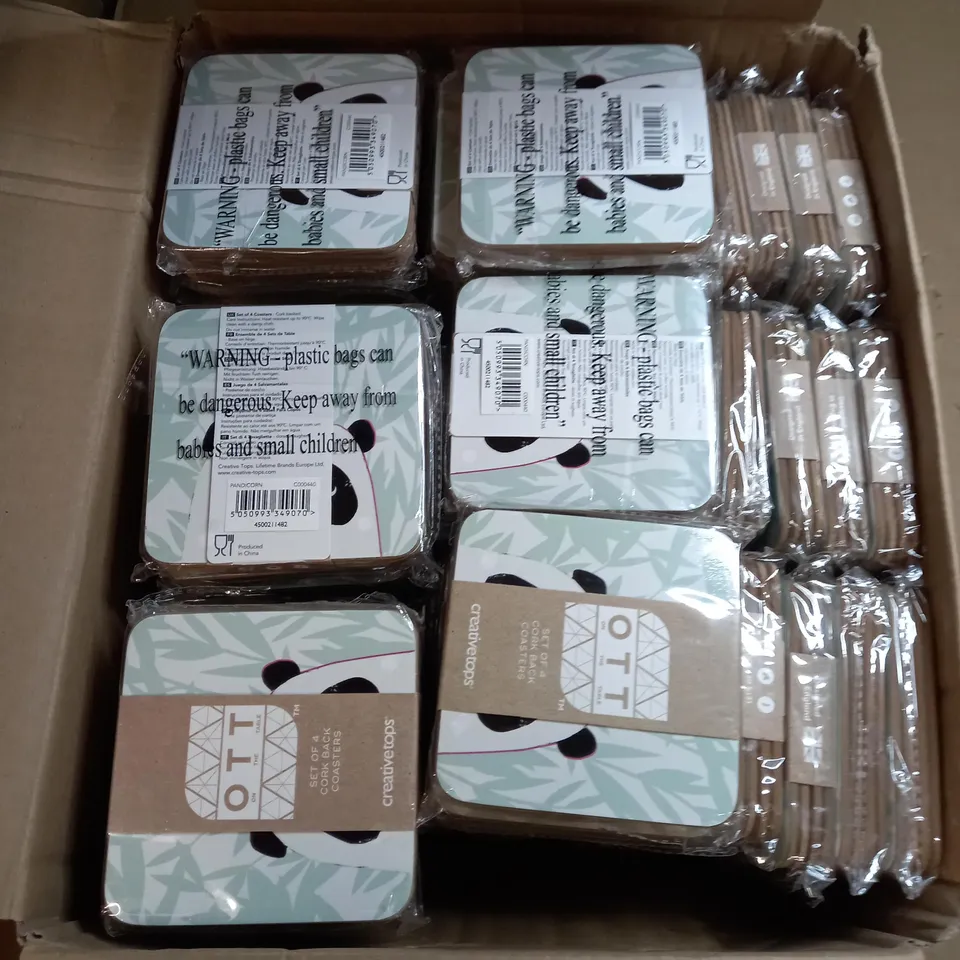BOX OF APPROXIMATELY 80 PACKS OF CREATIVE TOPS SET OF 4 CORK BACKED COASTERS IN A PANDA DESIGN 