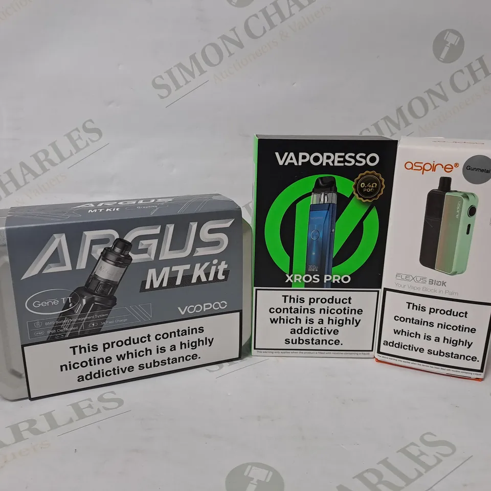 APPROXIMATELY 20 ASSORTED E-CIGARETTE PRODUCTS TO INCLUDE VOOPOO ARGUS MT KIT, VAPORESSO XROS PRO, ASPIRE FLEXUS BLOK 