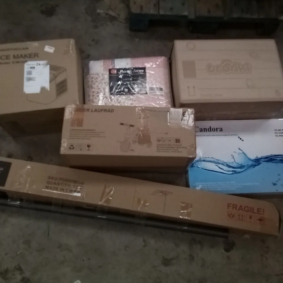 PALLET OF ASSORTED ITEMS INCLUDING NORTHCLAN ICE MAKER, TRUNKI KIDS SUITCASE, CANDORA KITCHEN FAUCET, C-HOPETREE PARASOL, COTTON 3 PIECE BED SPREAD, KIDS TRICYCLE 