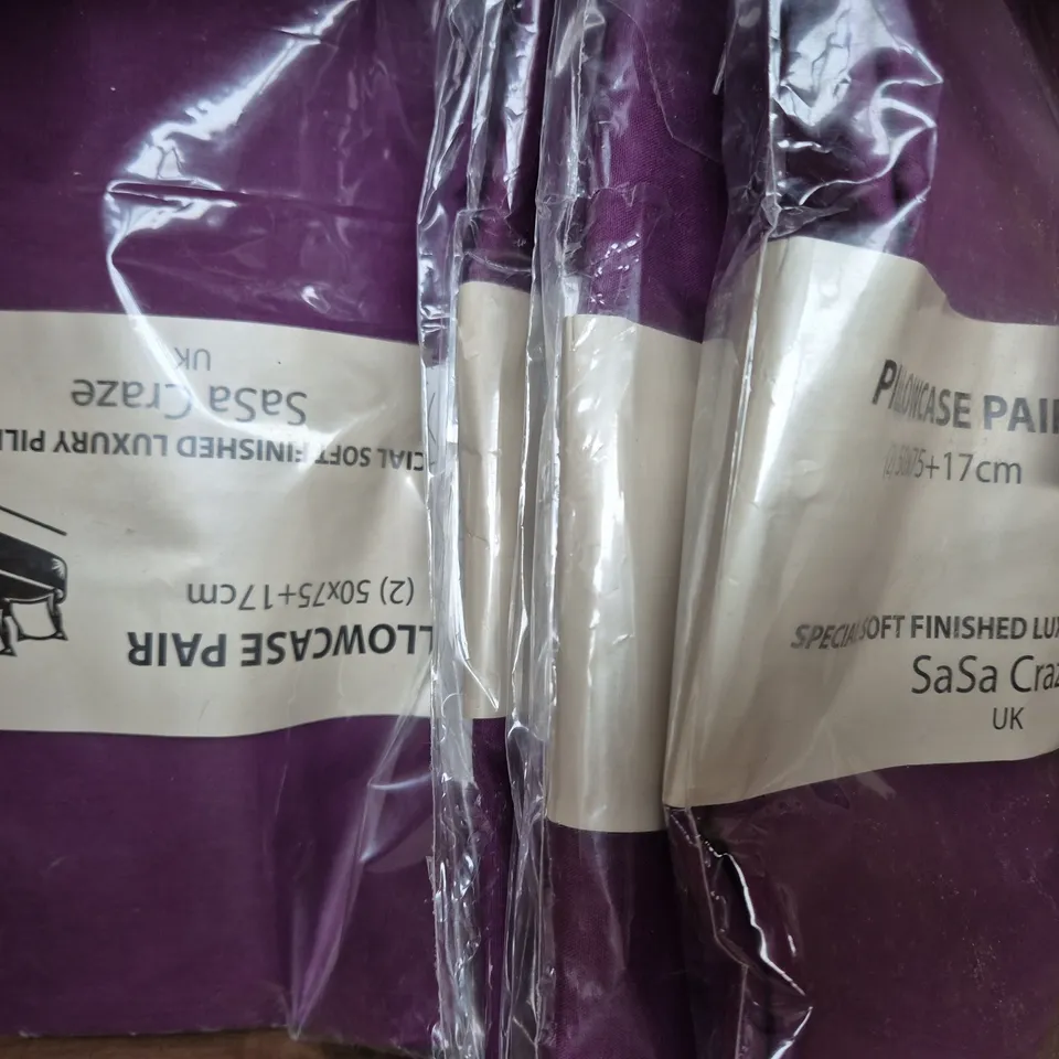 BOX OF APPROXIMATELY 10 SASA CRAZE PILLOWCASE PAIRS IN PURPLE