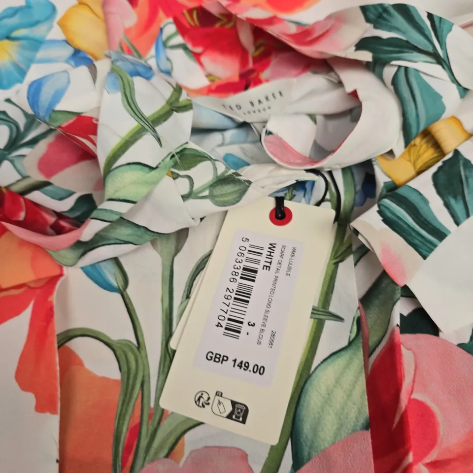 TED BAKER SCARF DETAIL PRINTED LONG SLEEVE BLOUSE - SIZE 3 