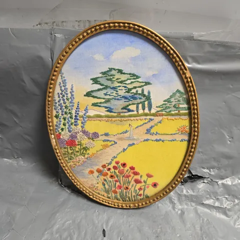 OVAL EMBROIDERED GARDEN SCENE IN GILT FRAME